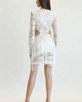 Embroidered Fringe Short Dress (White) - Palazzo Couture Online