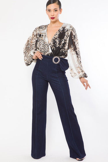 Fashion Woven Print Bodysuit - Palazzo Couture Online