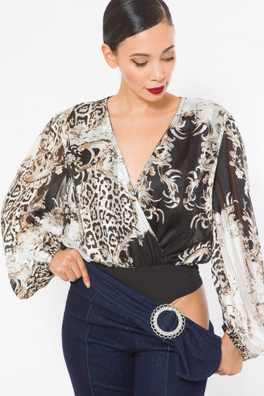 Fashion Woven Print Bodysuit - Palazzo Couture Online