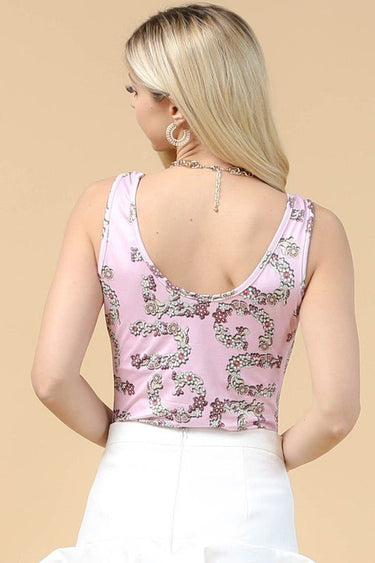 Flower Print Round Neck Tank Bodysuit - Palazzo Couture Online