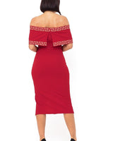 Greek Border Pattern Off Shoulder Red Midi Dress - Palazzo Couture Online