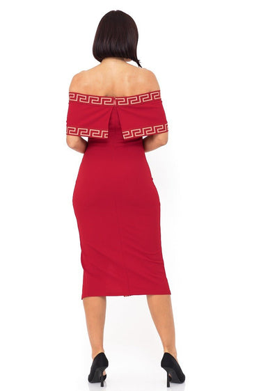 Greek Border Pattern Off Shoulder Red Midi Dress - Palazzo Couture Online