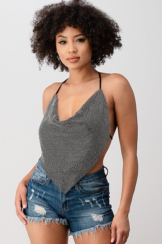 Metallic Rhinestone Backless Cowl  Crop Top (Black/Silver)