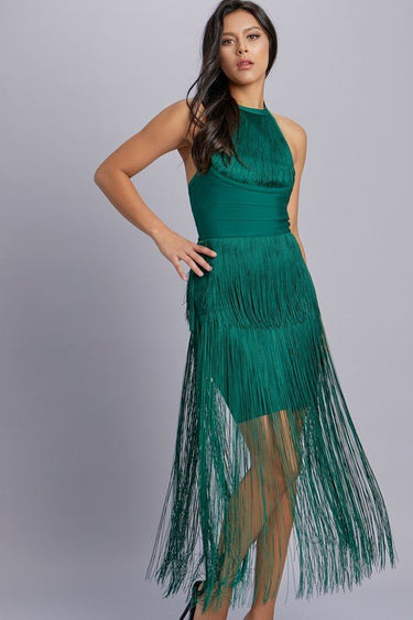 Halter Fringe Mini Dress (Green) - Palazzo Couture Online
