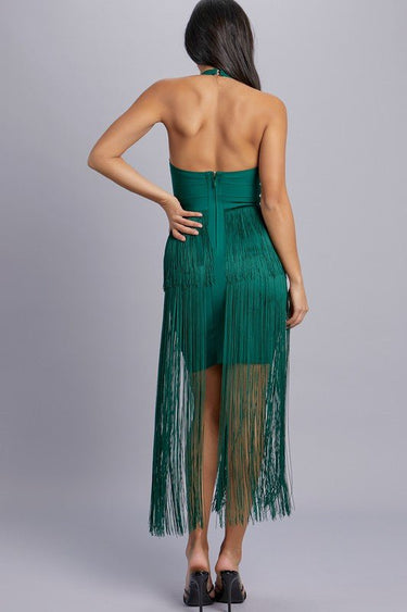 Halter Fringe Mini Dress (Green) - Palazzo Couture Online
