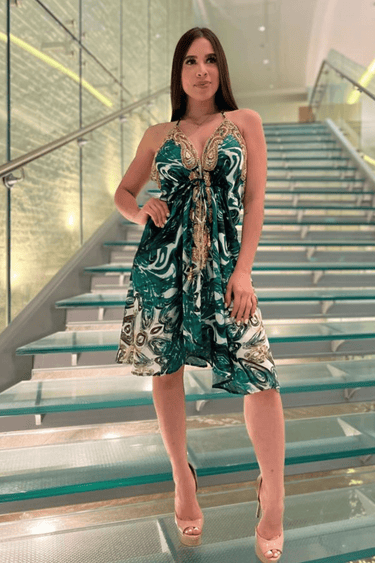 Halter Neck Bugle Bead Premium Resort Green Mini Dress - Palazzo Couture Online