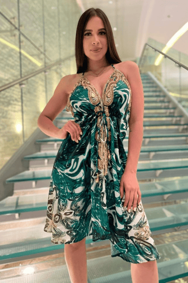 Halter Neck Bugle Bead Premium Resort Green Mini Dress - Palazzo Couture Online