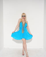 Halter Neck Premium Resort Mini Dress (Turquoise) - Palazzo Couture Online