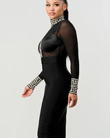 Holiday Mesh Contrast Print Bandage Midi Dress (Black) - Palazzo Couture Online