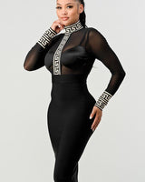 Holiday Mesh Contrast Print Bandage Midi Dress (Black) - Palazzo Couture Online