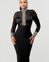 Holiday Mesh Contrast Print Bandage Midi Dress (Black) - Palazzo Couture Online