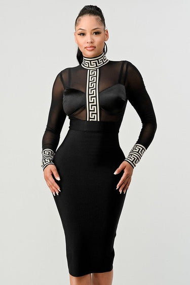 Holiday Mesh Contrast Print Bandage Midi Dress (Black) - Palazzo Couture Online