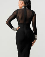 Holiday Mesh Contrast Print Bandage Midi Dress (Black) - Palazzo Couture Online