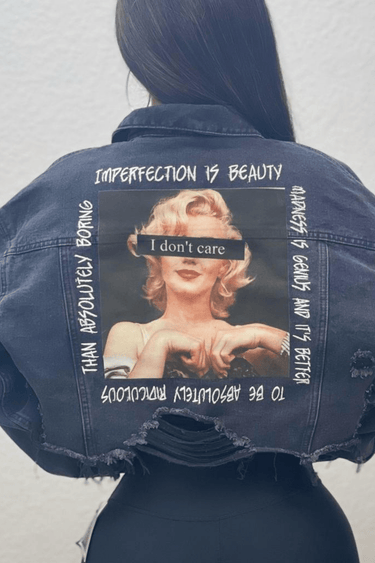 Black graphic denim jacket with oversized cropped fit