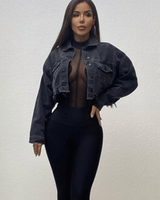 Cropped black denim jacket with bold graphic print