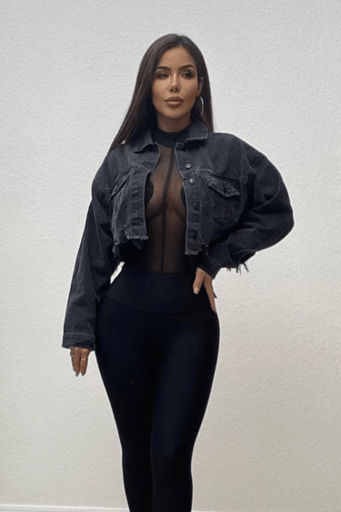 Cropped black denim jacket with bold graphic print