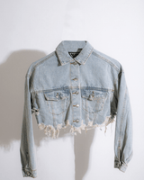 Cropped denim jacket in distressed light blue finish