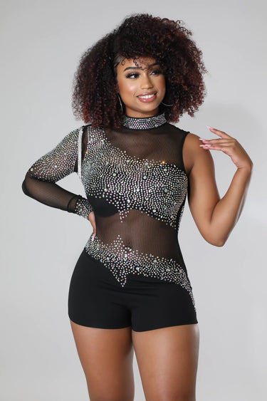 Black rhinestone romper with sheer mesh fabric