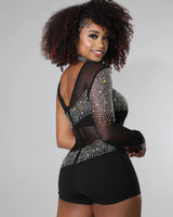 Black rhinestone romper with semi-stretch fit