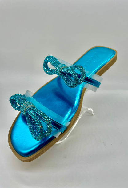 Rhinestone Double Bow Clear Strap Sandals (Turquoise)