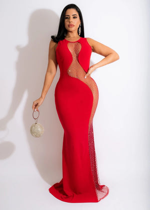 Rhinestone Sexy Red Maxi Dress