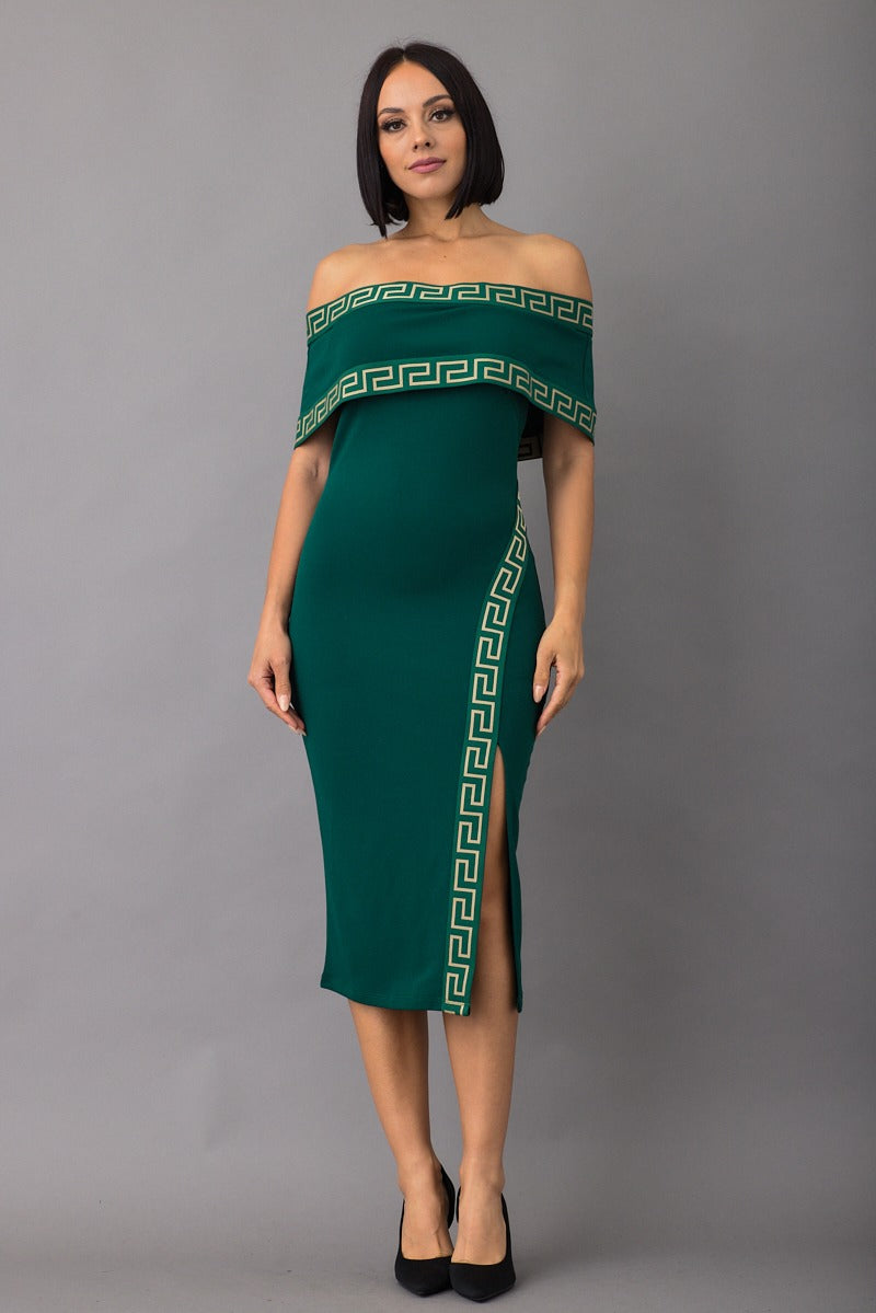 Greek Border Pattern Off Shoulder Green Midi Dress