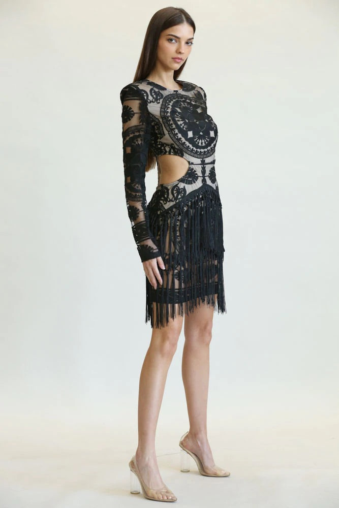 Embroidered Fringe Short Dress (Black)