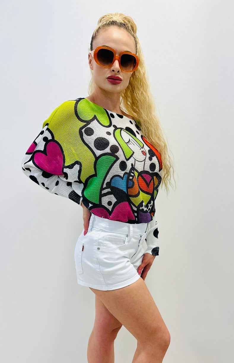 Abstract Lady Print Knitted Top (white)