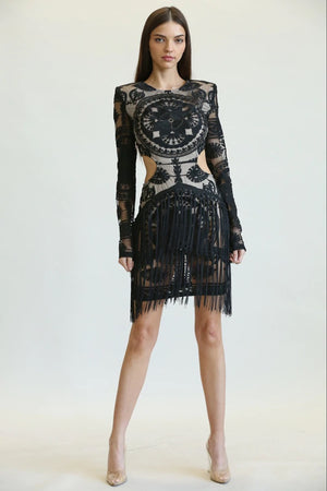 Embroidered Fringe Short Dress (Black)