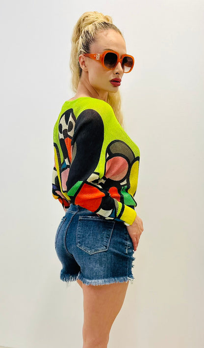 Abstract Love Print Knitted Top (Neon Green)