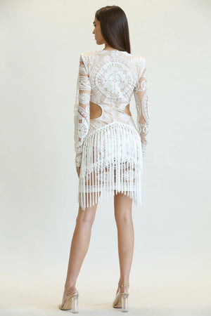 Embroidered Fringe Short Dress (White)