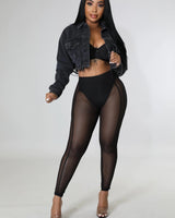 Black denim jacket with graphic back and rigid fit