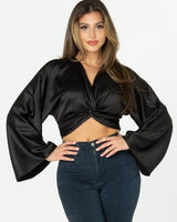 Knotted Satin Effect Top (Black) - Palazzo Couture Online