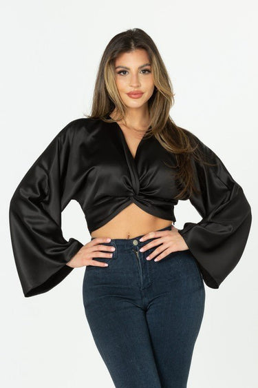 Knotted Satin Effect Top (Black) - Palazzo Couture Online