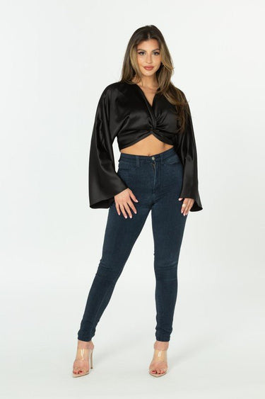 Knotted Satin Effect Top (Black) - Palazzo Couture Online