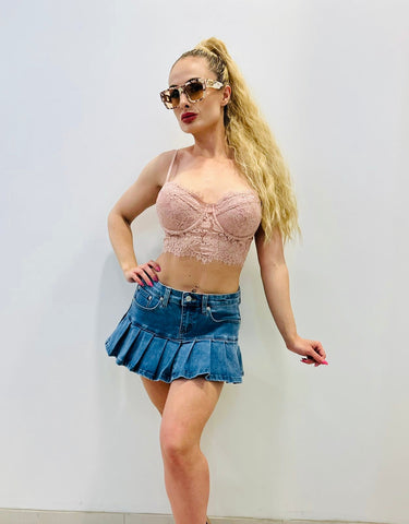 Soft pink lace tank top with cropped length
