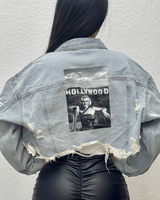 Cropped denim jacket with Marylin Monroe patch on the back