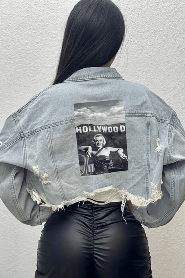 Cropped denim jacket with Marylin Monroe patch on the back