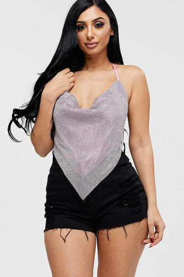 Metallic Rhinestone Backless Cowl Baby Pink Crop Top - Palazzo Couture Online