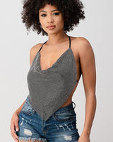 Metallic Rhinestone Backless Cowl Crop Top (Black/Silver) - Palazzo Couture Online