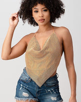 Metallic Rhinestone Backless Cowl Gold Crop Top - Palazzo Couture Online