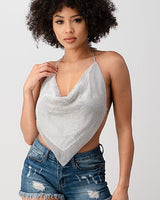 Metallic Rhinestone Backless Cowl Light Silver Crop Top - Palazzo Couture Online