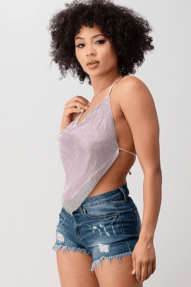 Metallic Rhinestone Backless Cowl Pink Silver Crop Top - Palazzo Couture Online