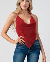 Metallic Rhinestone Backless Cowl Red Crop Top - Palazzo Couture Online