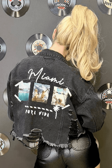 Miami Pura Vida Crop Jacket (Black Denim) - Palazzo Couture Online