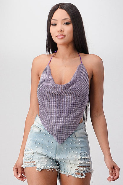 Metallic Rhinestone Backless Cowl Purple Crop Top