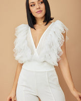 Ruffled Mesh Fashion Bodysuit (White) - Palazzo Couture Online