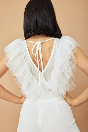 Ruffled Mesh Fashion Bodysuit (White) - Palazzo Couture Online
