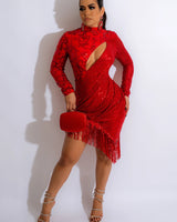 Sequin Bodycon Long Mini Dress (Red) - Palazzo Couture Online