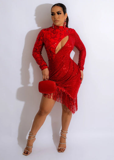 Sequin Bodycon Long Mini Dress (Red) - Palazzo Couture Online